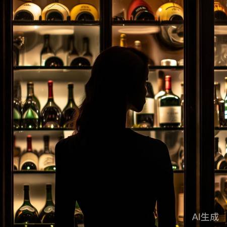 红酒柜前，美女背影尽显风情